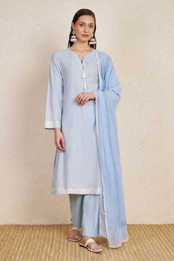 NUHH Pastel Sky Blue Cotton Kurta Set