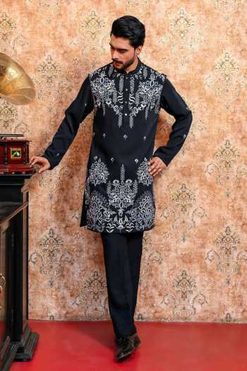 Yajy By Aditya Jain Ebon Dhushor Embroidered Kurta & Pant Set 