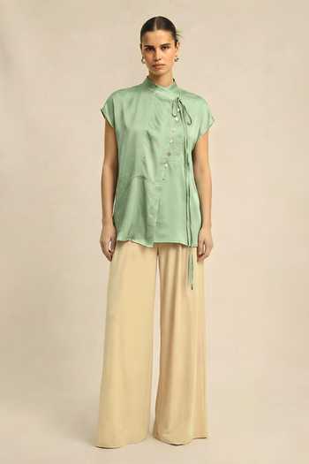 Neora By Nehal Chopra Ash Green Crew Neck Top