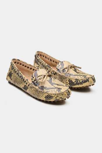 Oroh Vela Bow Top Snake Print Suede Loafers 