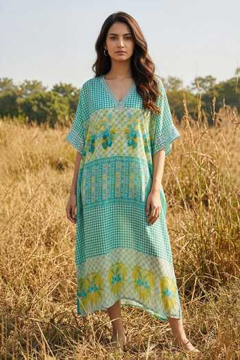 Basil Leaf Printed Chiffon Kaftan Set 