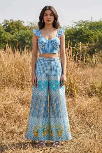 Basil Leaf Organza Printed Crop Top & Pant Set 
