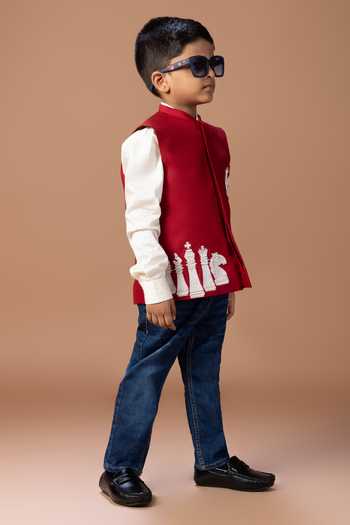 Little Brats Chess Embroidered Bundi & Pant Set 