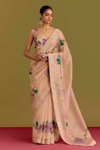 Devnaagri Hand Painted Floral Pattern Saree With Blouse 