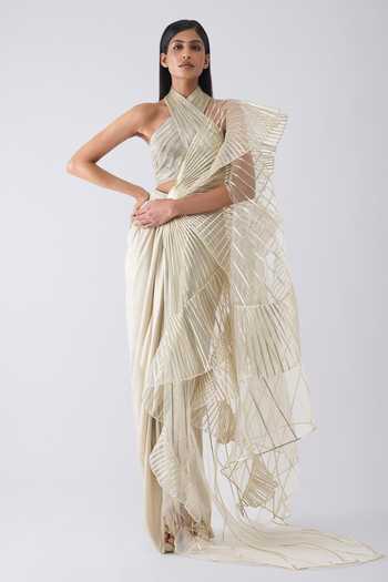 Amit Aggarwal Metallic Winged Draped Ruffle Saree With Top 