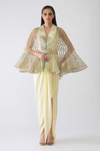 Amit Aggarwal Metallic Corded Ruffle Cape & Dress Set 