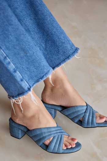 Miraki Denim Crisscross Slide Heels 