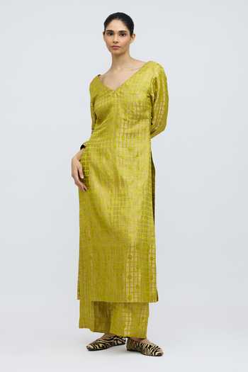 QUARTER Chartreuse Grid Silk Brocade Kurta & Pant Set 