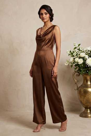 Thetaa Hand Embroidered Imported Satin Draped Cowl-Neck Wide-Leg Jumpsuit 