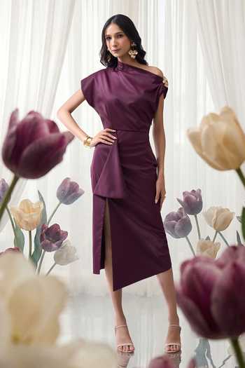 Naintara Bajaj Draped One-Shoulder Slit Midi Dress 