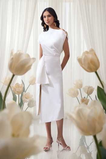 Naintara Bajaj One-Shoulder Placed Brooch Draped Midi Dress 