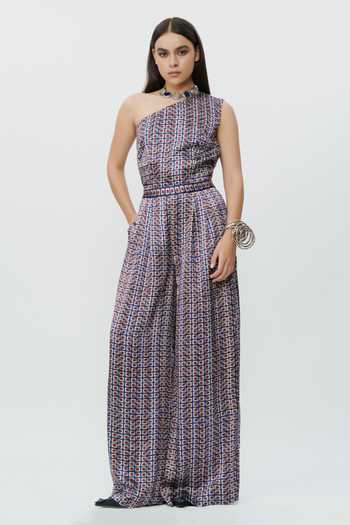 AK-OK Geometric Pattern One Shoulder Jumpsuit 