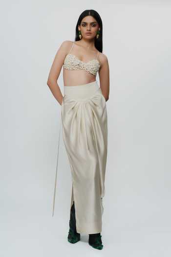AK-OK Draped Knotted Cord Waist Silk Skirt 