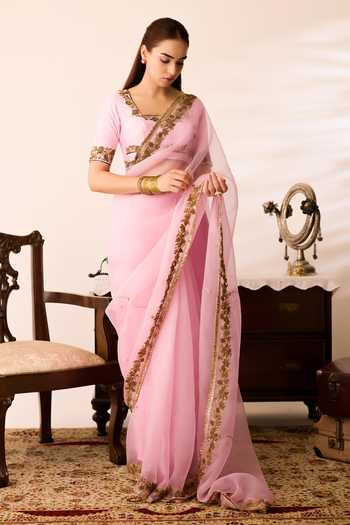 Peeli Dori Ruqmani Organza Saree With Blouse 