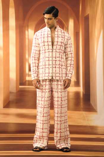 Vivek Karunakaran Kural Script Checkered Linen Shacket & Pant Set 