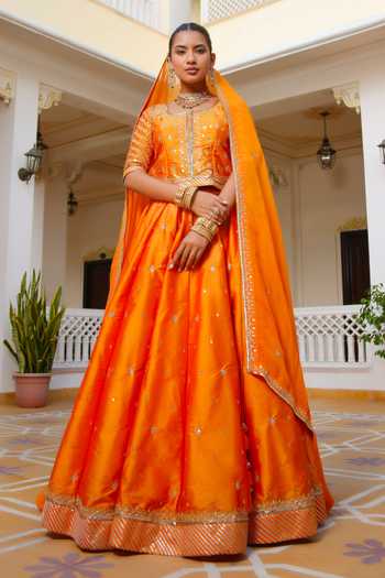 Pomcha Jaipur Mehfil Kesari Sitara Aari Taari Hand Work Lehenga Set 