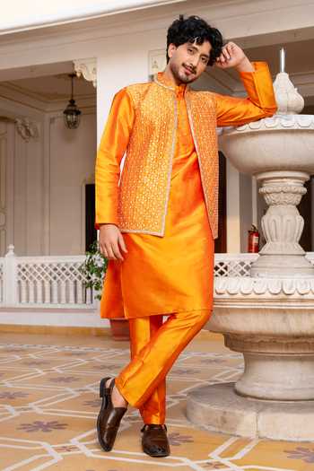 Pomcha Jaipur Narangi Sheesh Work Nehru Jacket & Kurta Set 