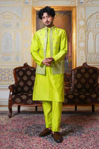 Pomcha Jaipur Mirror Work Nehru Jacket & Kurta Set 