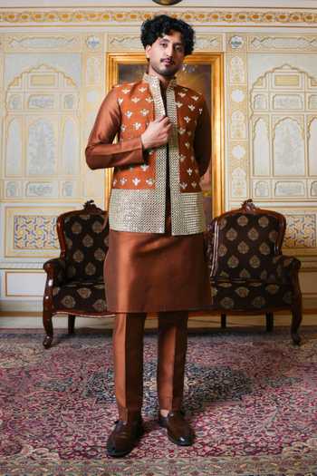 Pomcha Jaipur Mirror Hand Work Nehru Jacket & Kurta Set 