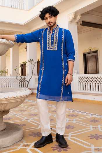 Pomcha Jaipur Shahi Neel Zardozi Hand Embroidered Kurta Set 