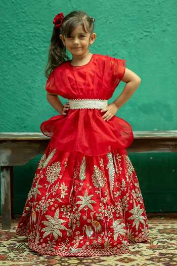 Rage Attire-Sweta Saria Flamingo Floral Embroidered Lehenga & Top Set 