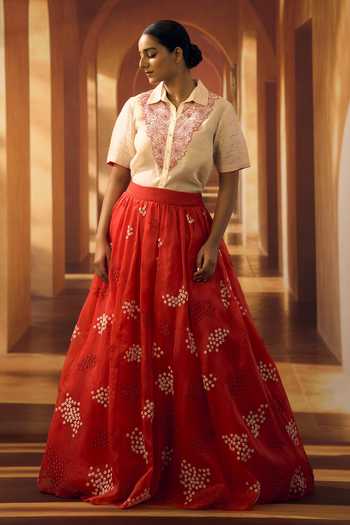 Vivek Karunakaran Floral Embroidered Shirt & Skirt Set