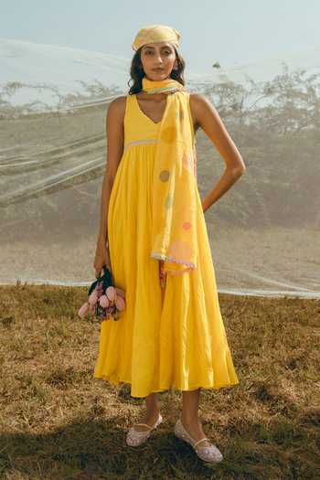 Nimbu Mirchi Surajmukhi Cotton Linen Slub Dress 