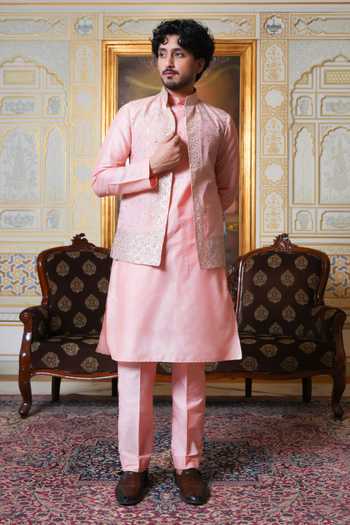 Pomcha Jaipur Zardozi Hand Work Nehru Jacket & Kurta Set 