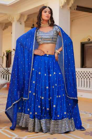 Pomcha Jaipur Mehfil Ruhani Neel Zari Gota Patti Work Lehenga Set 