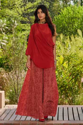 RINESSA Printed Sharara With Embroidered Collar Drape 