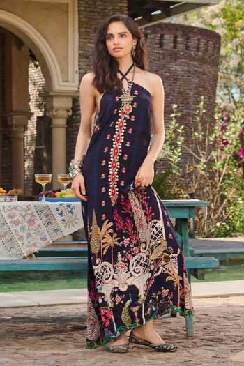 RINESSA Hand Embellished Cross Halter Printed Dress 