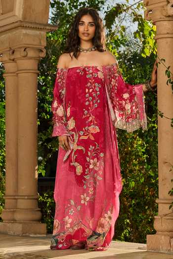 RINESSA Printed Hand Embellished Off Shoulder Kaftan 