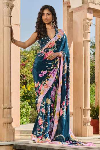 RINESSA Floral Print Saree With Hand Embellished Blouse 