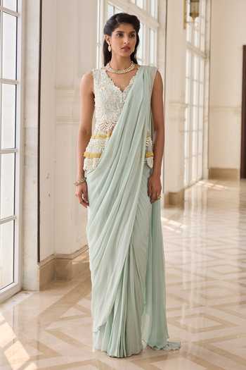 RINESSA Embroidered Peplum Top & Draped Saree Set 