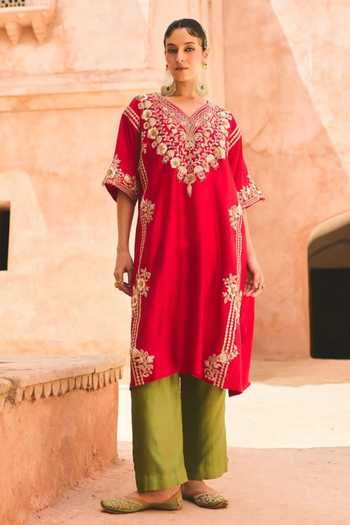 Vinita Bhansali Saera Embroidered Silk Kaftan & Pant Set 