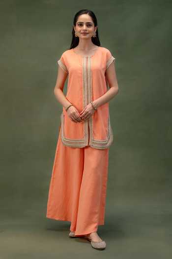 Grass & Sunshine Sunset Coral Ease Kurta & Palazzo Set 