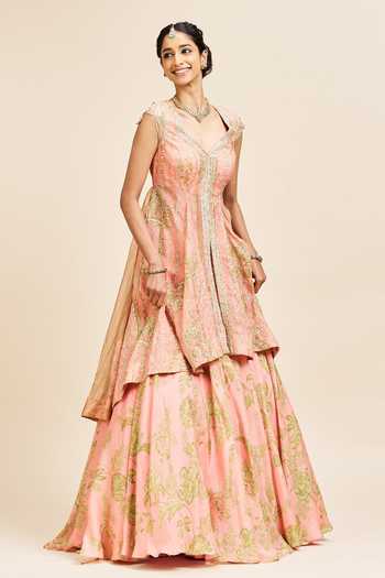 Issa Studio By Chetana & Swathi Saloni Embroidered Slit Kurta & Lehenga Set 