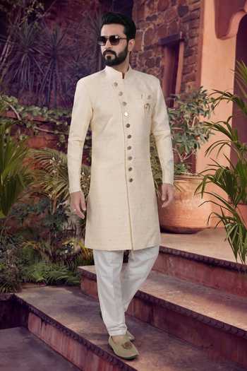 Jhambthreads Woven Jacquard Sherwani & Pant Set 