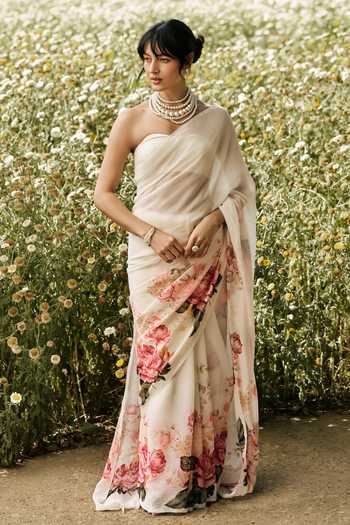 Studio 113 Sarah White Chiffon Saree With Running Blouse