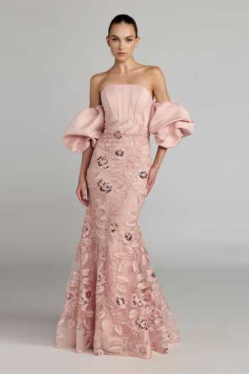 Mac Duggal Puff Sleeve Embroidered Gown 
