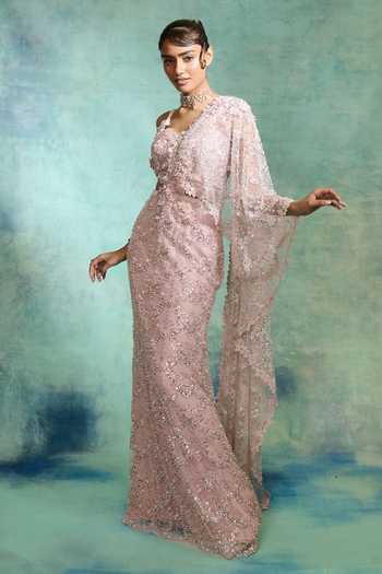Varun Bahl Pearl Embroidered Pre-Draped Saree With Blouse 