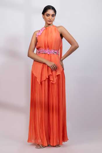 Smriti By Anju Agarwal Coral Draped Top Pant Set 