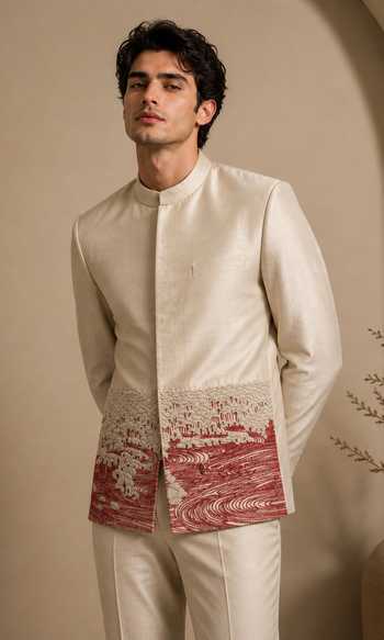 Mayank Modi - Men Salted Cream Earth Float Bandhgala 