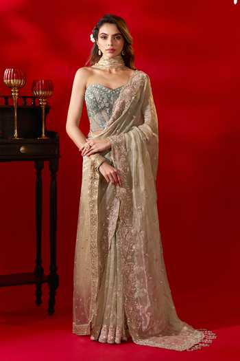 Azeera French Rose Embroidered Saree With Unstitched Blouse Piece 