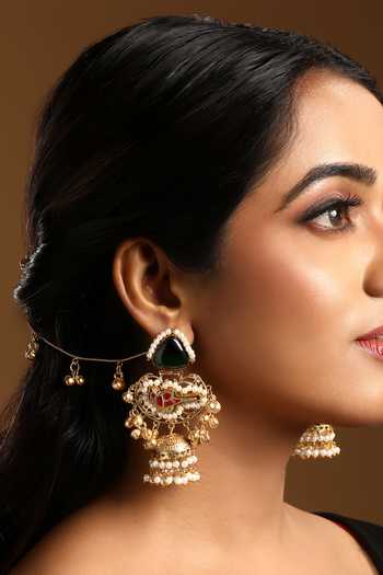 HRISHA Micron Gold Polish Brass Jhumka Earrings With Pearls 