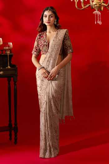 Azeera Coral Embroidered Saree With Unstitched Blouse Piece 