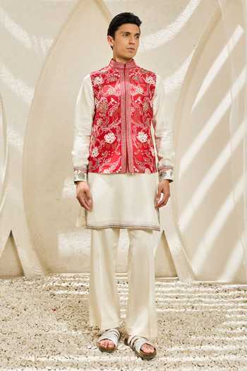Sarab Khanijou Scarlet Bloom Nehru Jacket & Kurta Set
