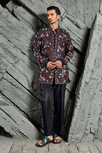 Sarab Khanijou Neel Utsav Floral Embroidered Short Kurta Set