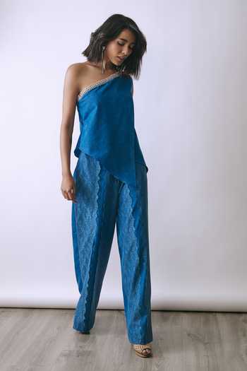 Babita M Indigo Cascade Denim Jumpsuit 