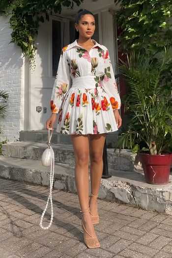 Poppi Cotton Floral Pleated Mini Shirt Dress  